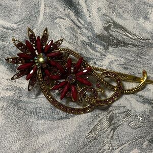 Source Unknown Red and Gold Floral Brooch